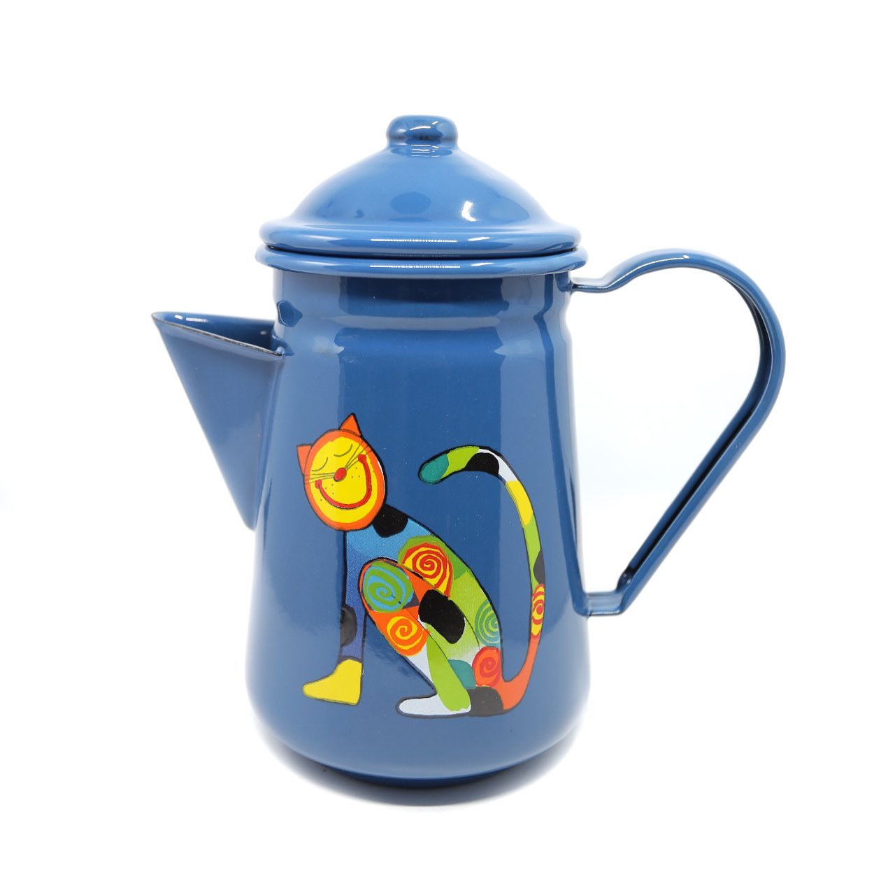 Emaye  Kahve Demliği -Lacivert Oturan Kedi