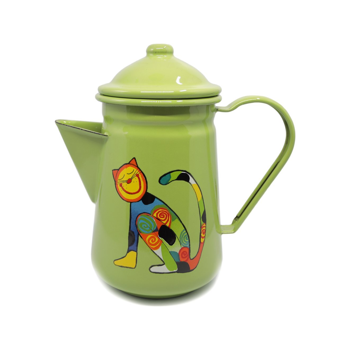 Emaye  Kahve Demliği -Elma Yeşili Oturan Benekli Kedi