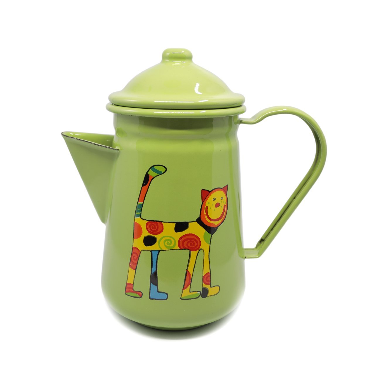 Emaye  Kahve Demliği -Elma Yeşili Ayakta Benekli Kedi