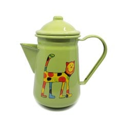 Emaye  Kahve Demliği -Elma Yeşili Ayakta Benekli Kedi