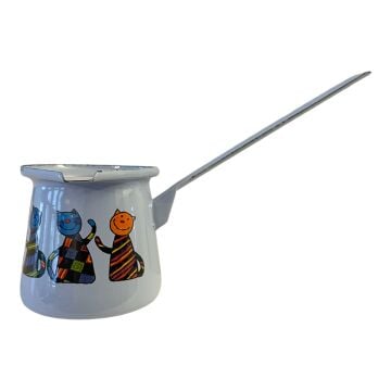 Emaye Küçük Cezve-Mavi kareli Kedi