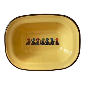 Emaye Çukur Tabak-Sarı Kareli Kedi