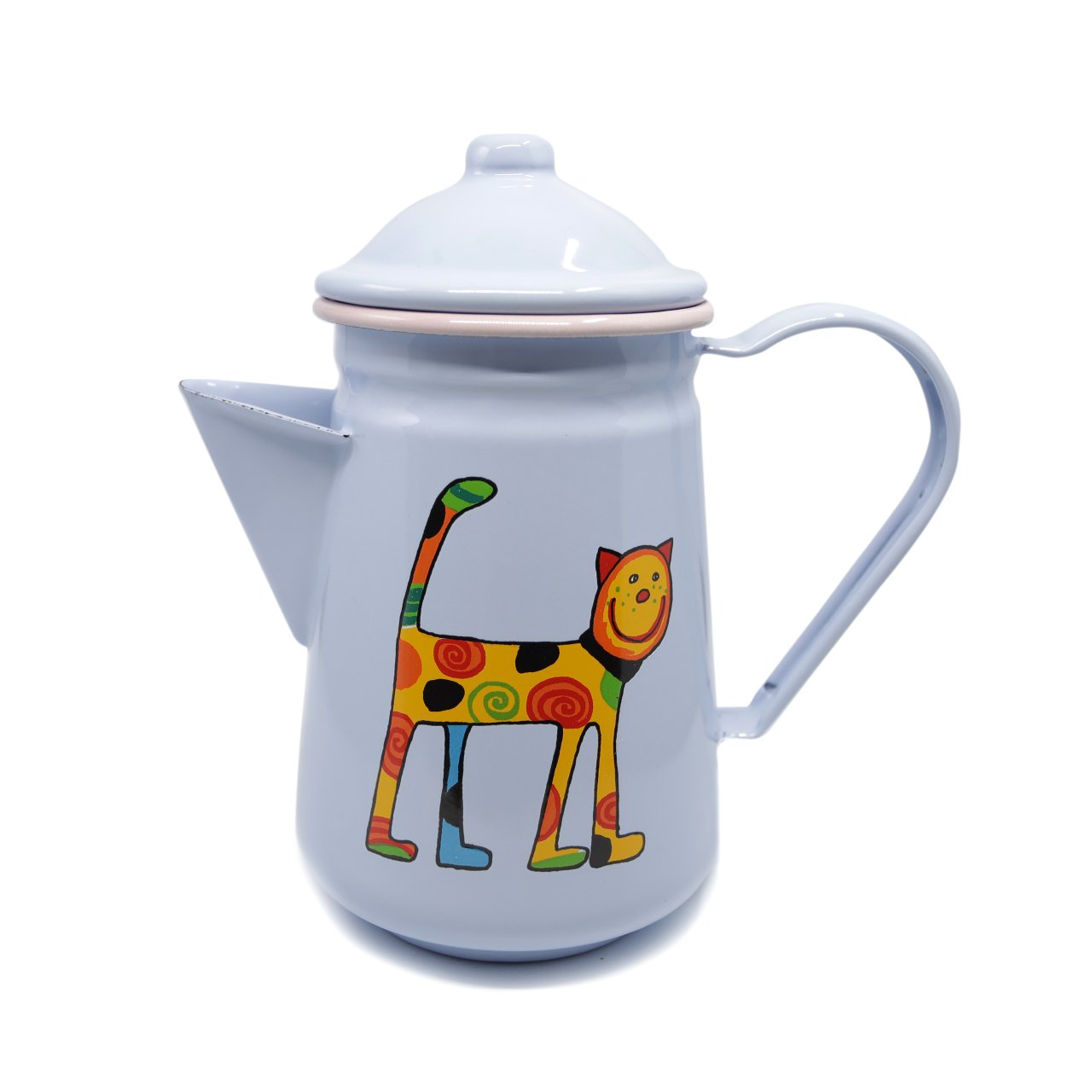 Emaye  Kahve Demliği -Açık Mavi Ayakta Benekli Kedi