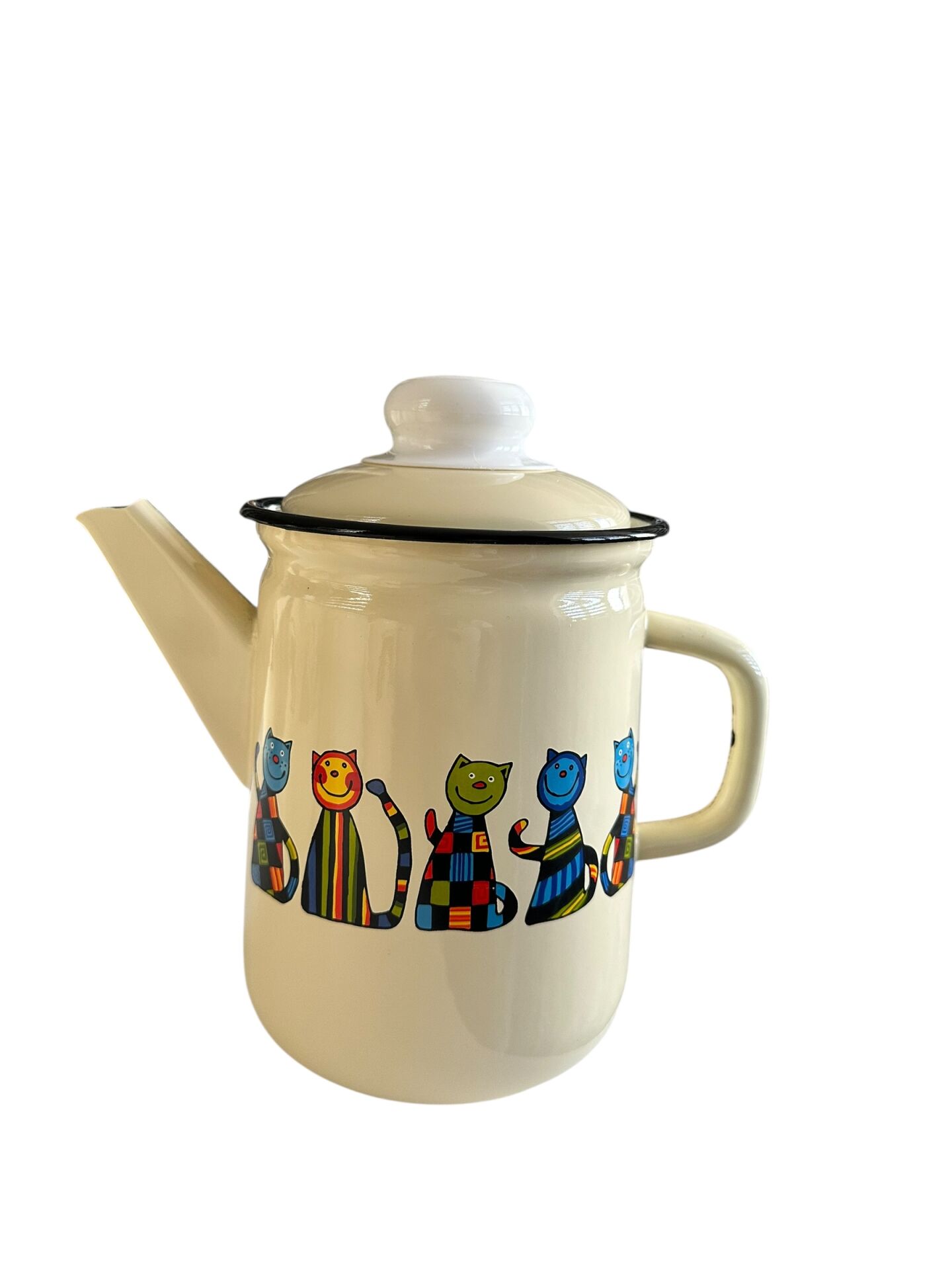 Emaye Büyük Demlik-Krem Kareli Kedi