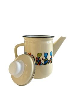 Emaye Büyük Demlik-Krem Kareli Kedi