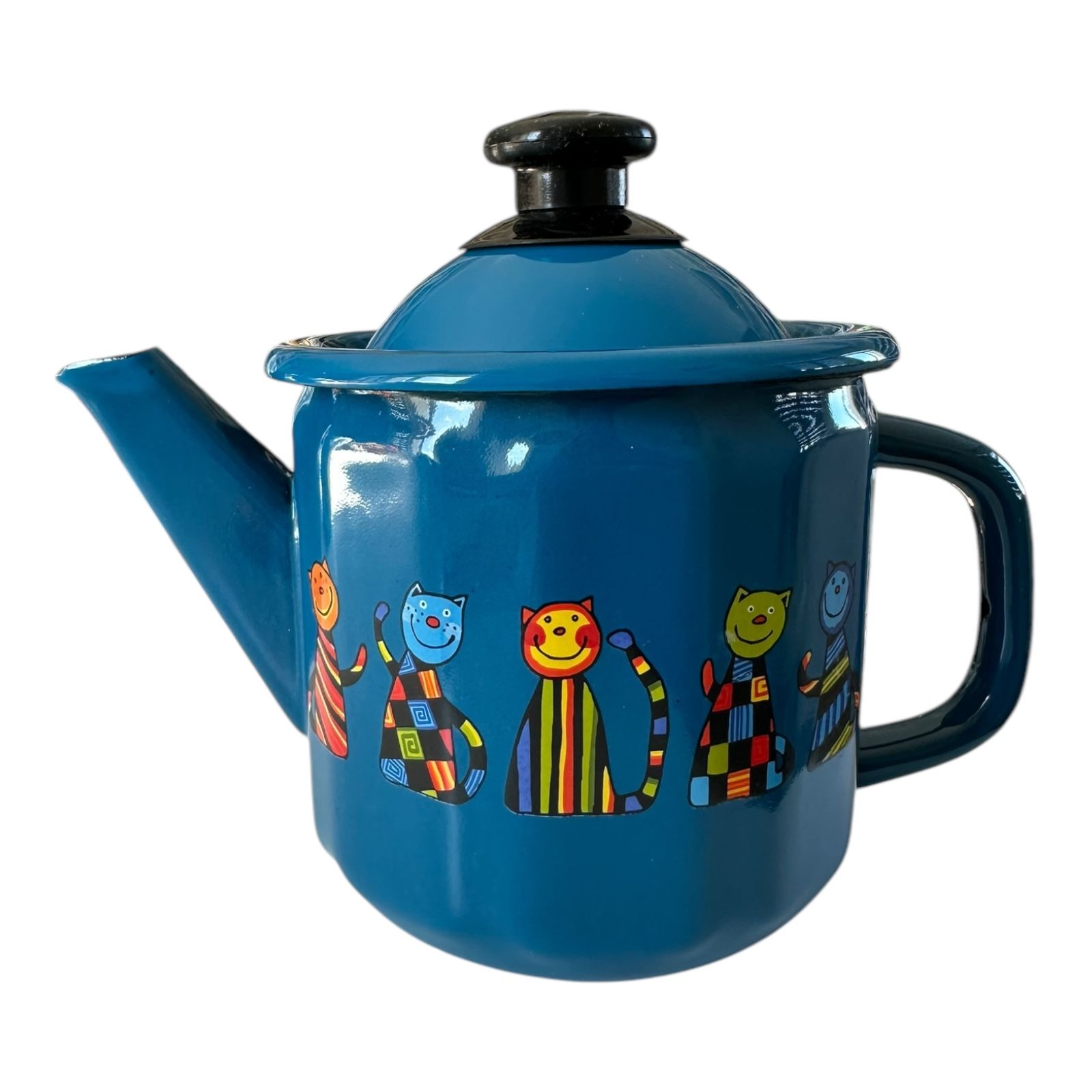 Emaye Küçük Demlik-Mavi Kareli Kedi