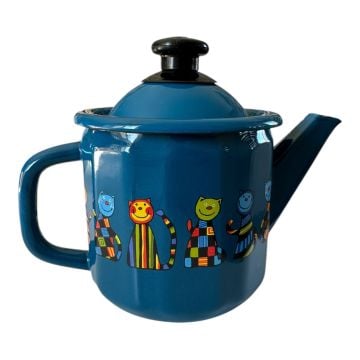 Emaye Küçük Demlik-Mavi Kareli Kedi