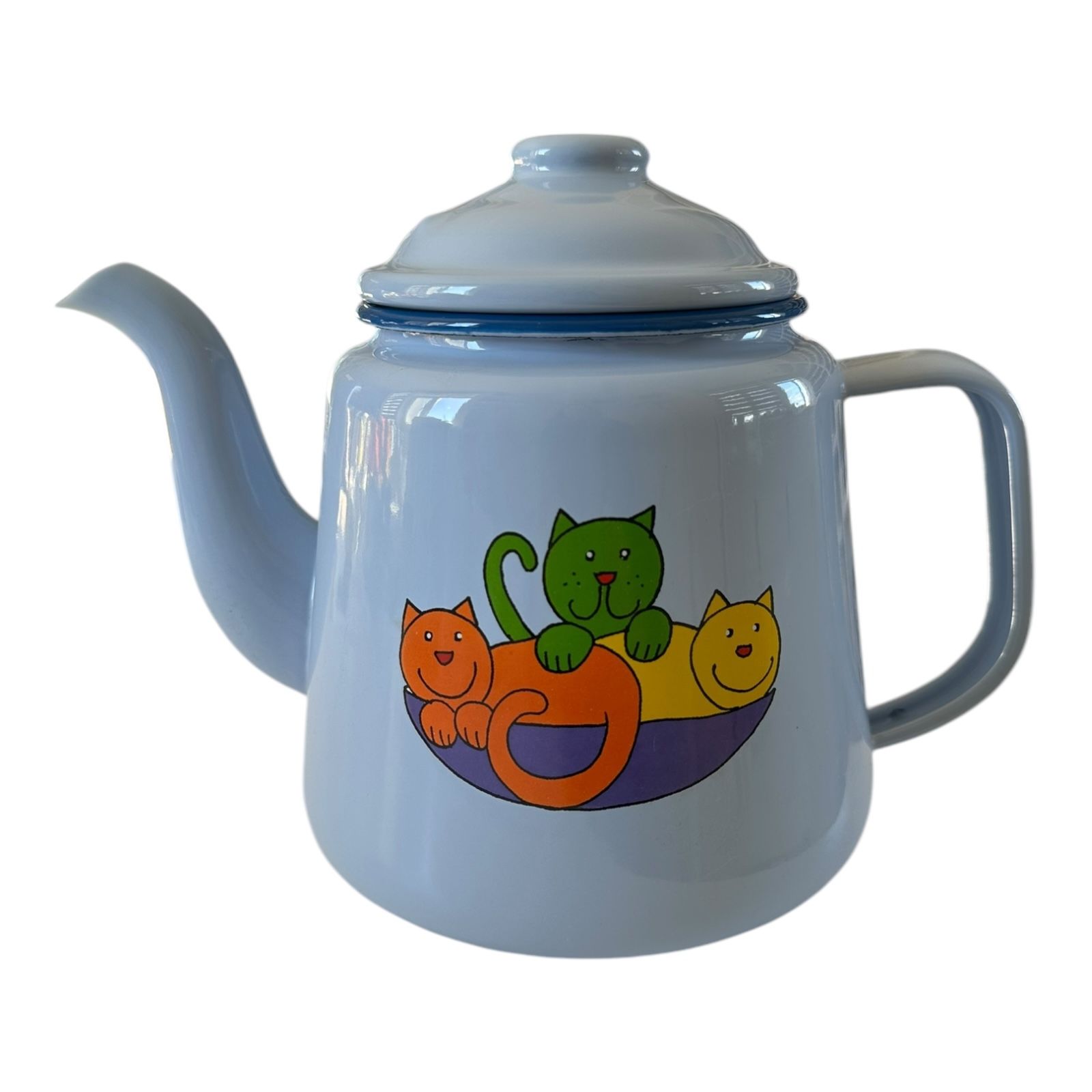 Emaye Konik Çay Demliği-Mavi Üçüz Kedi