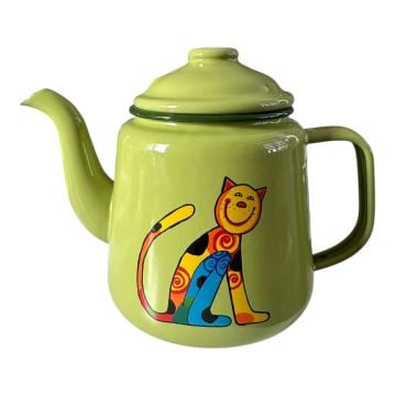 Emaye Konik Çay Demliği-Elma Yeşili Oturan Benekli Kedi