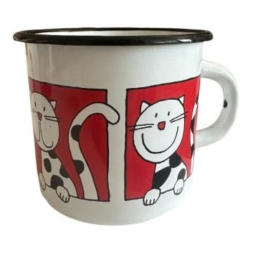 Emaye Büyük Bardak-Beyaz  Kırmızı Pencereden Bakan Kedi