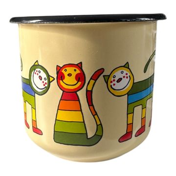 Emaye Konik Kupa-Açık Sarı Enine Çizgili Kedi