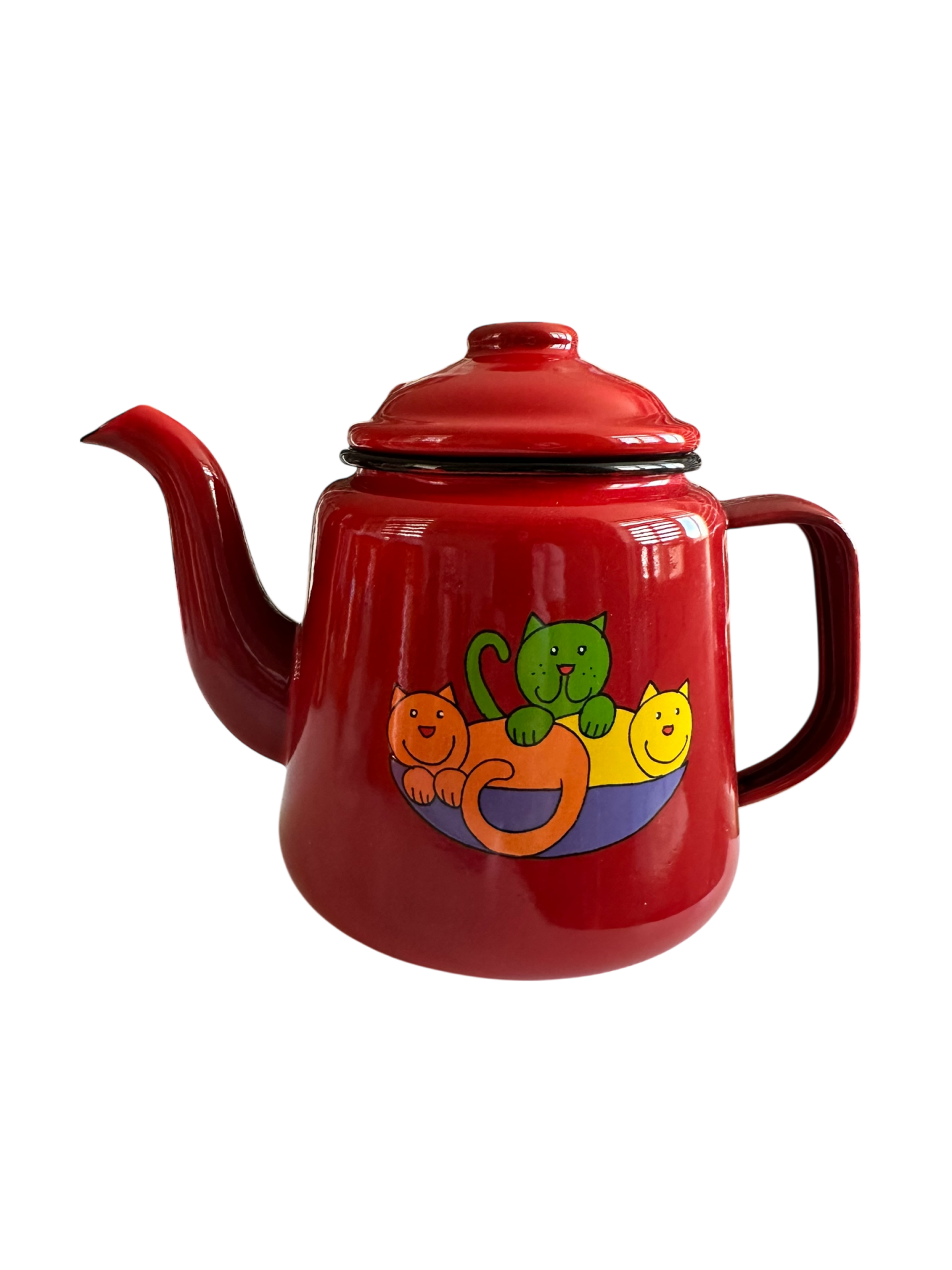 Emaye Konik Çay Demliği-Kırmızı Üçüz Kediler