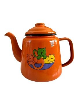 Emaye Konik Çay Demliği- Turuncu Üçüz Kediler