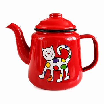 Emaye Konik Çay Demliği-Kırmızı Minik Benekli Kedi