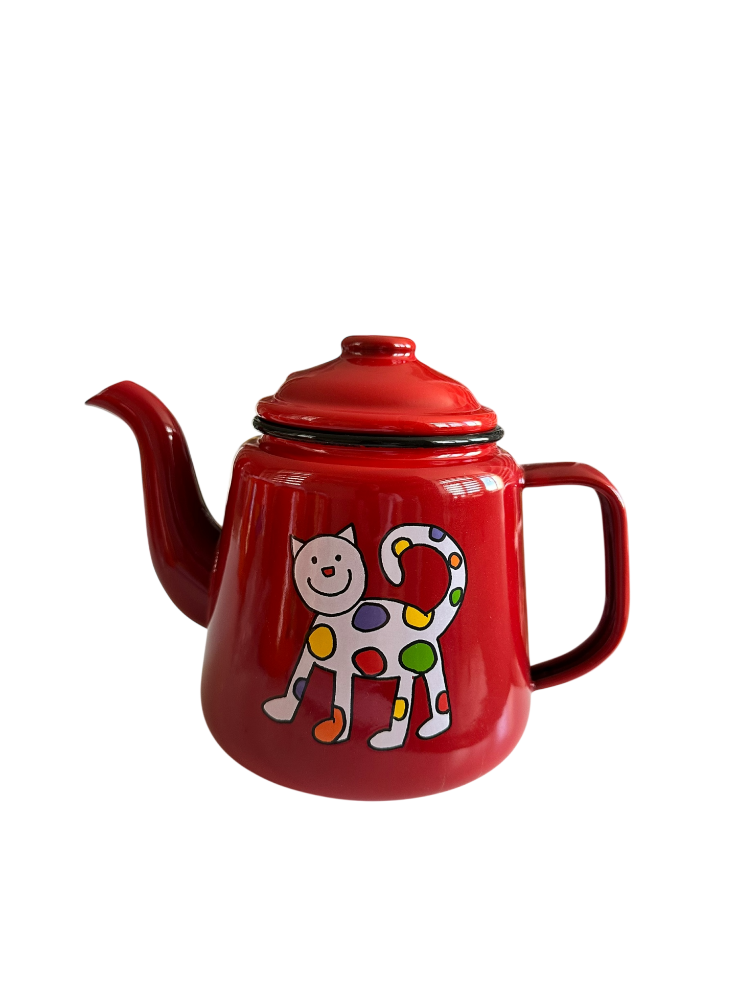 Emaye Konik Çay Demliği-Kırmızı Minik Benekli Kedi