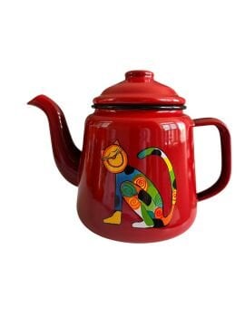 Emaye Konik Çay Demliği-Kırmızı Oturan Benekli Kedi