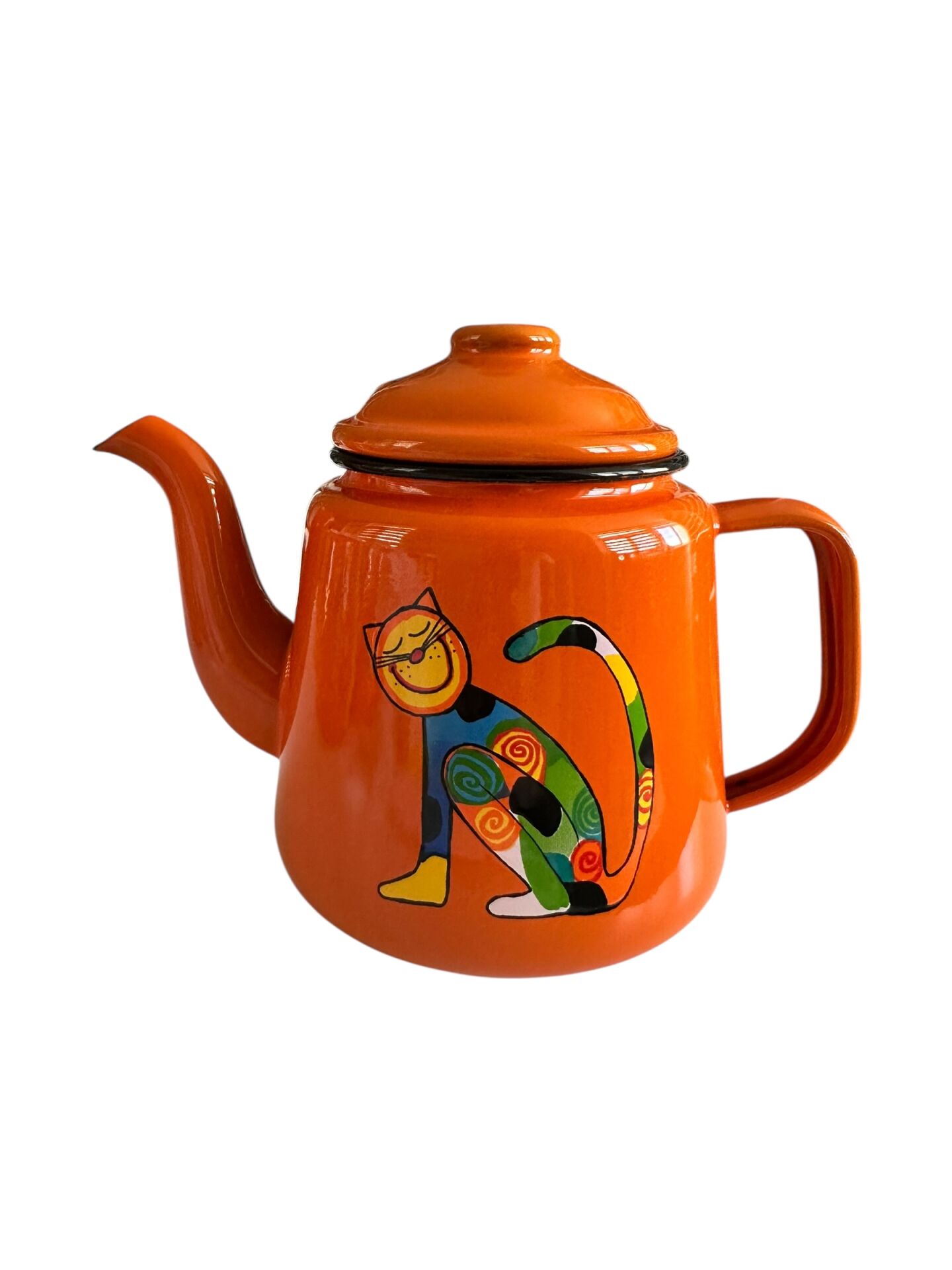 Emaye Konik Çay Demliği-Turuncu Oturan Benekli Kedi