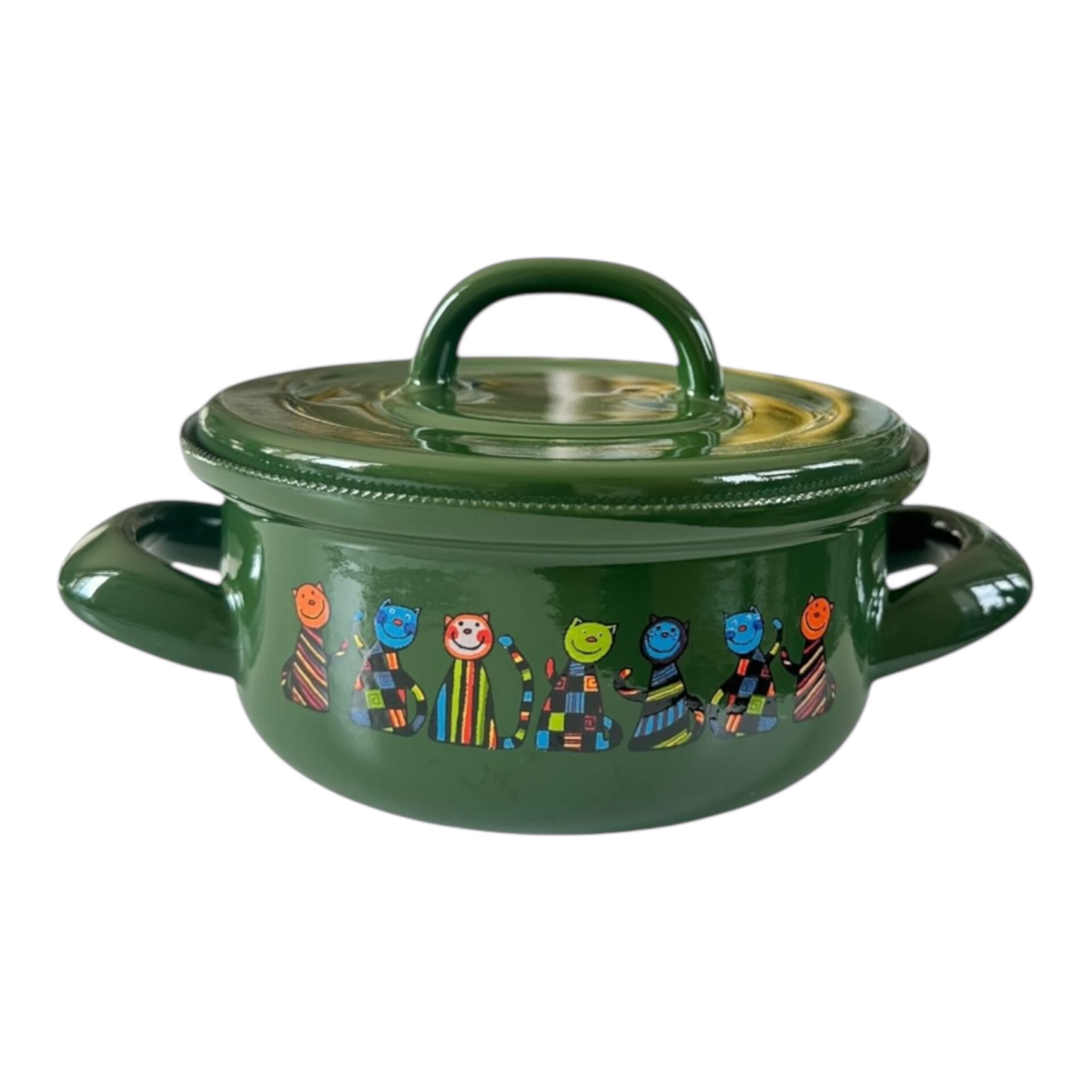 Emaye Tencere-Yeşil Kareli Kedi