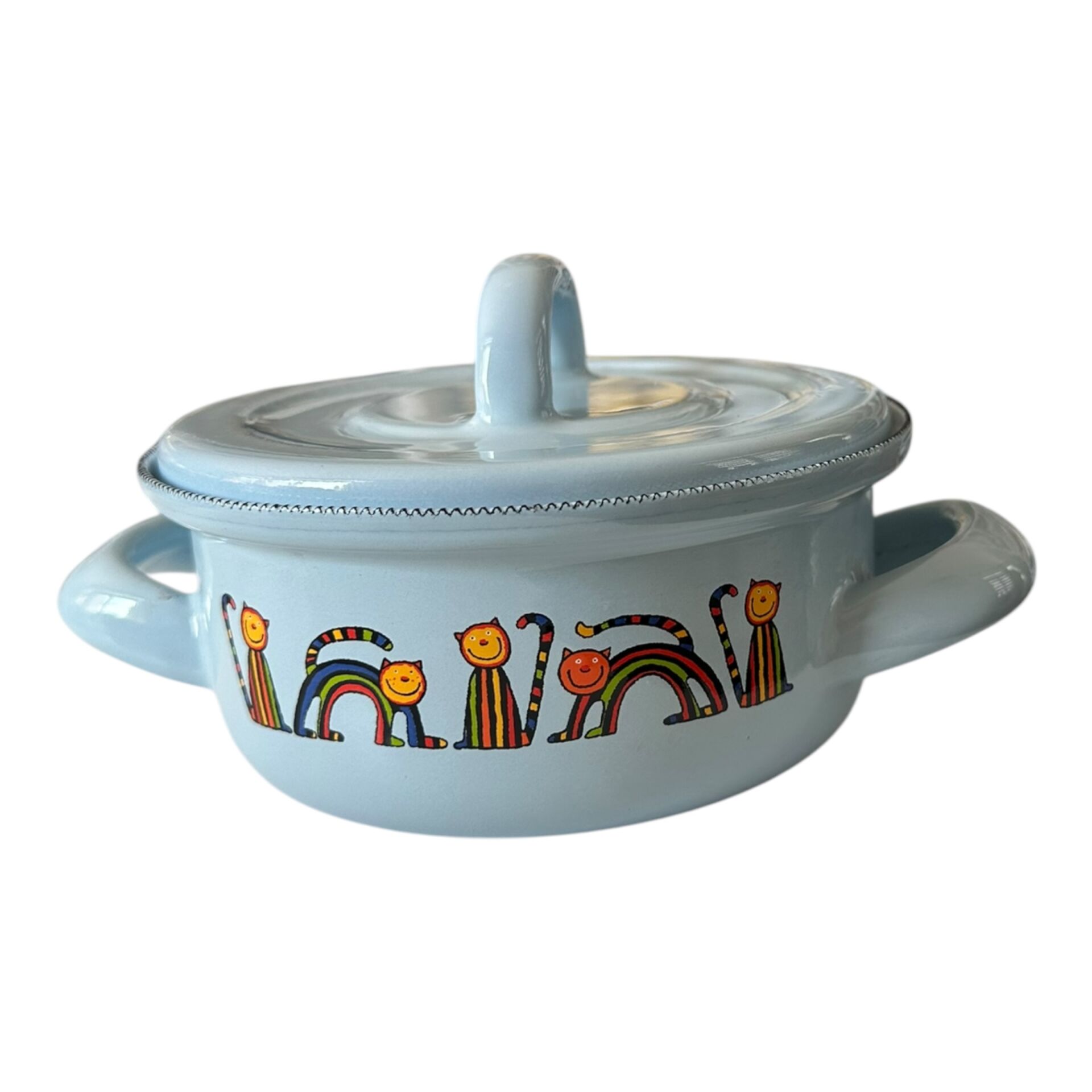 Emaye Tencere-Açık Mavi Kıvrık Kedi