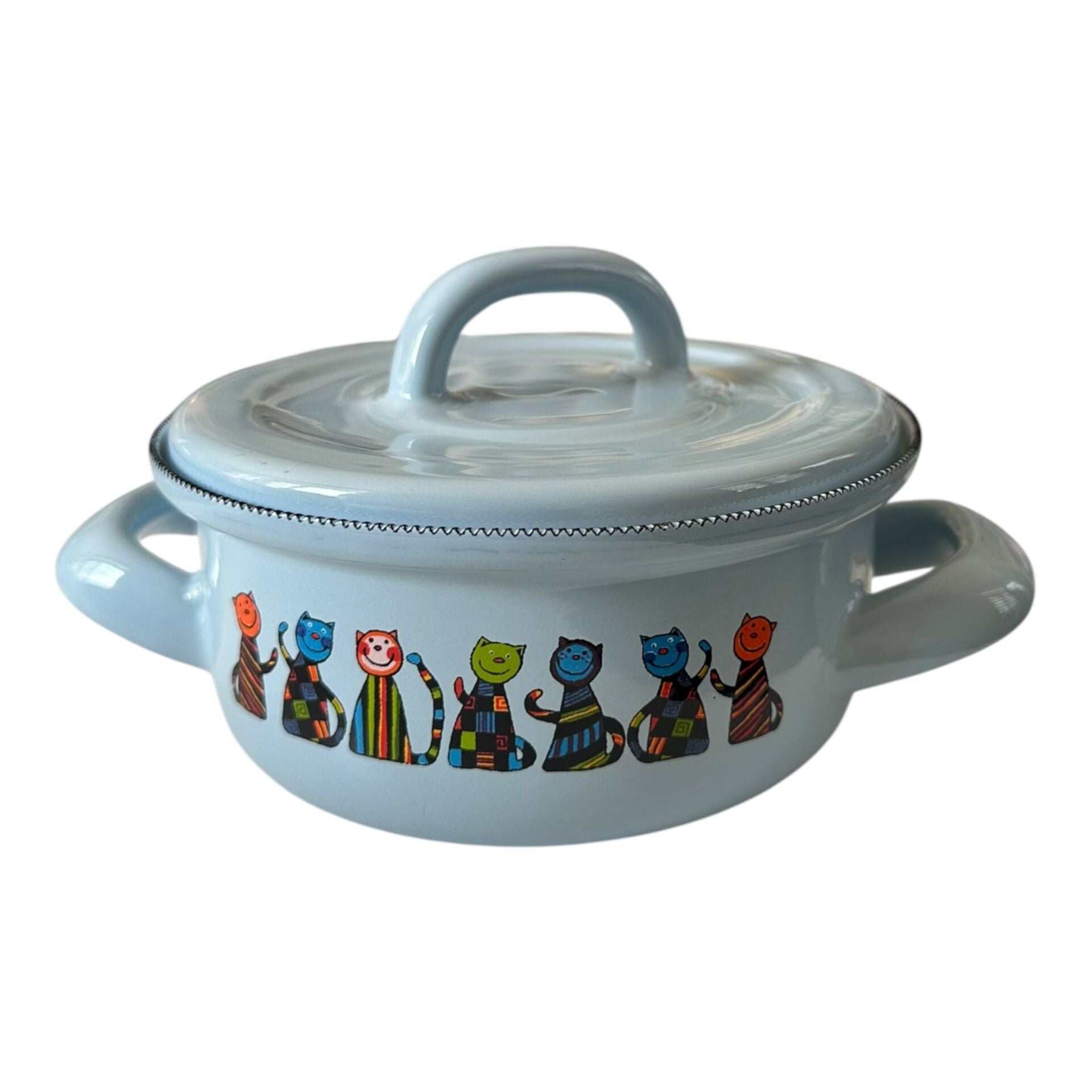 Emaye Tencere-Açık Mavi Kareli Kedi