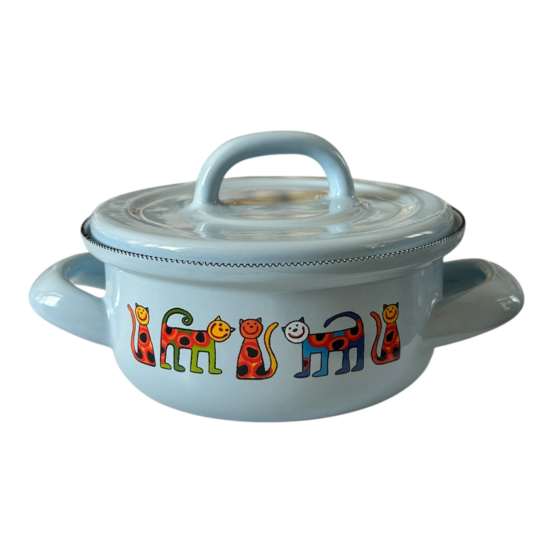 Emaye Tencere-Açık Mavi Benekli Kedi