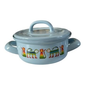 Emaye Tencere-Açık Mavi Enine Çizgili Kedi