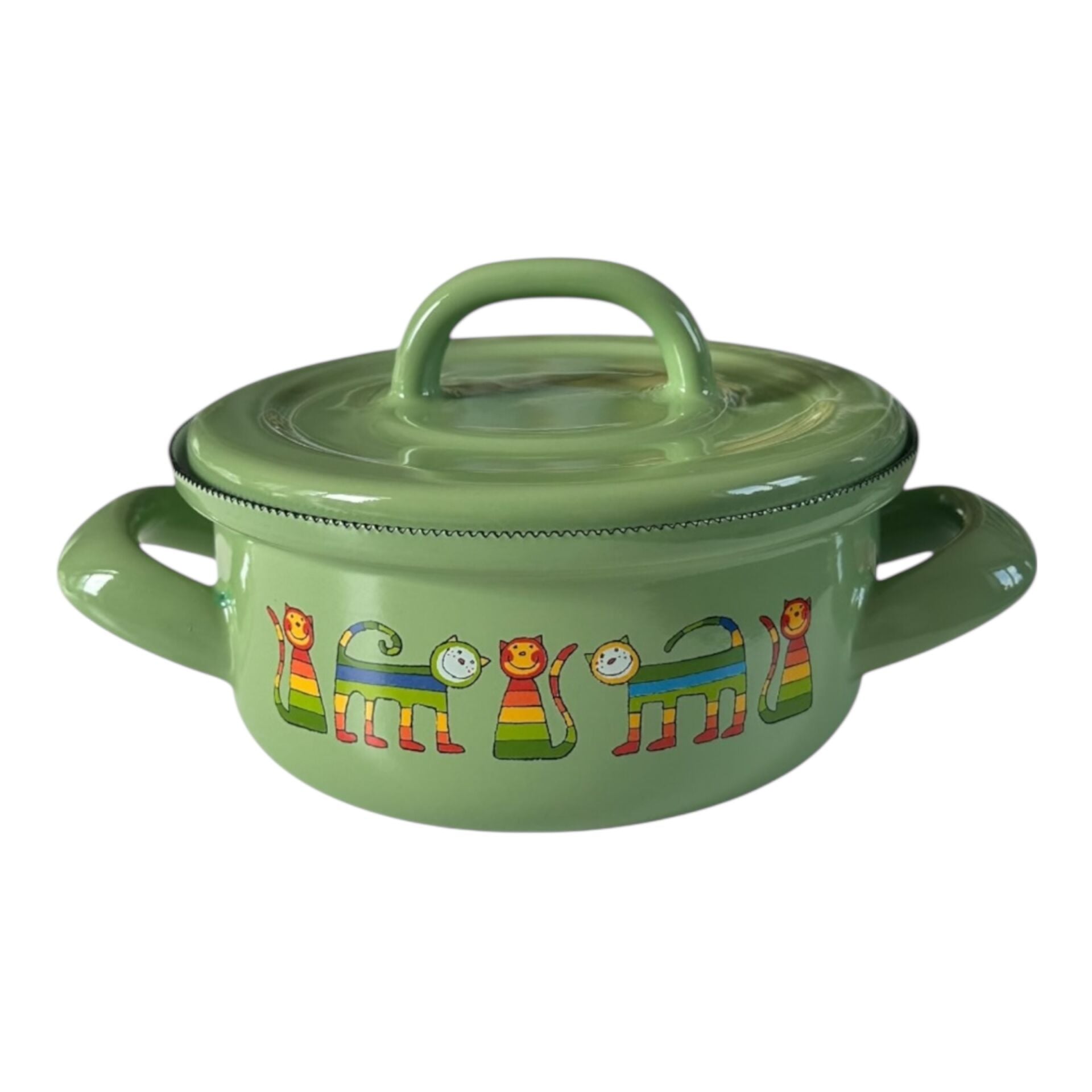 Emaye Tencere-Açık Yeşil Enine Çizgili Kedi