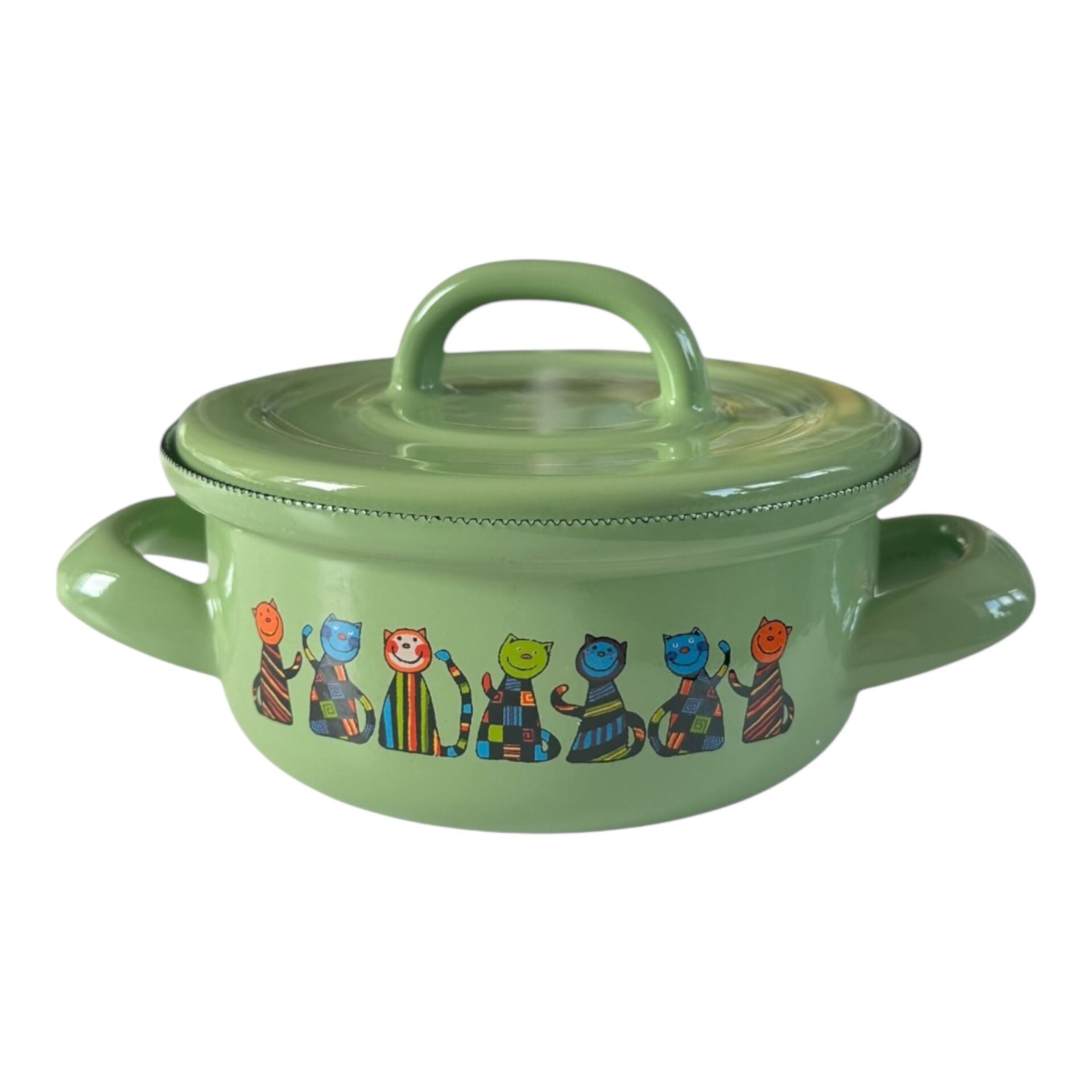 Emaye Tencere-Açık Yeşil Kareli Kedi