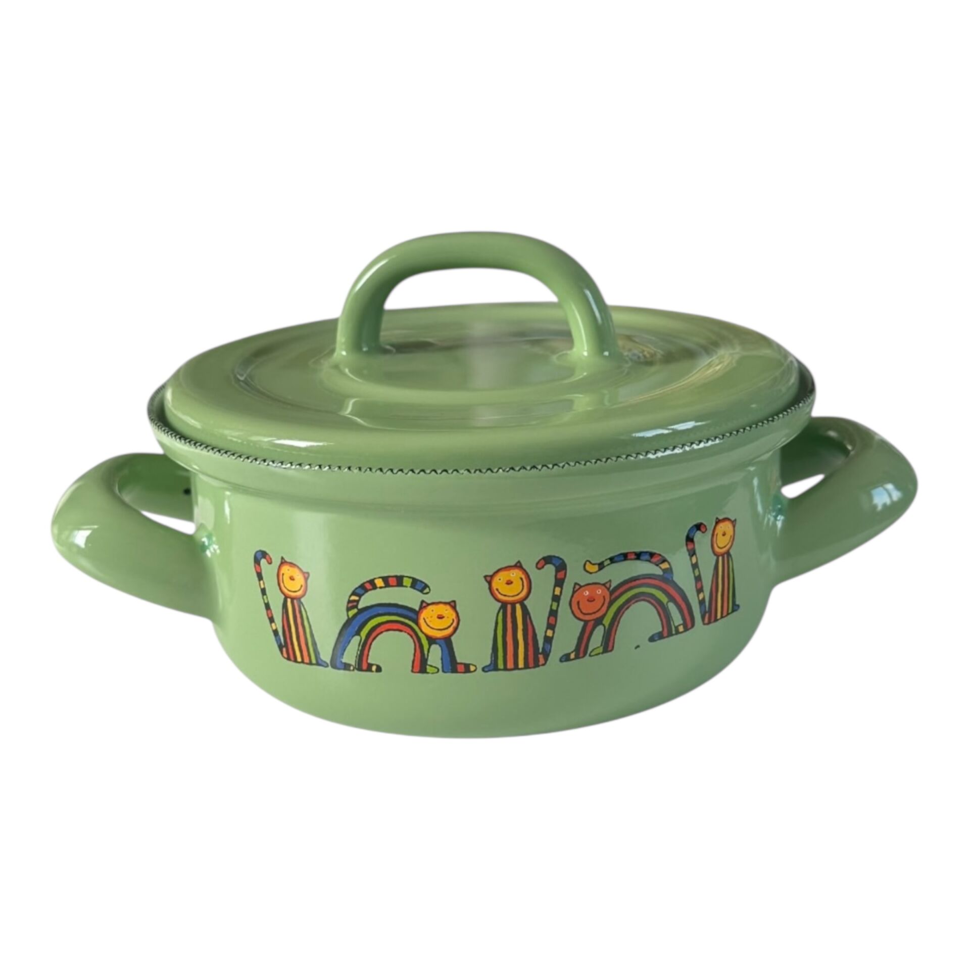 Emaye Tencere-Açık Yeşil Kıvrık Kedi