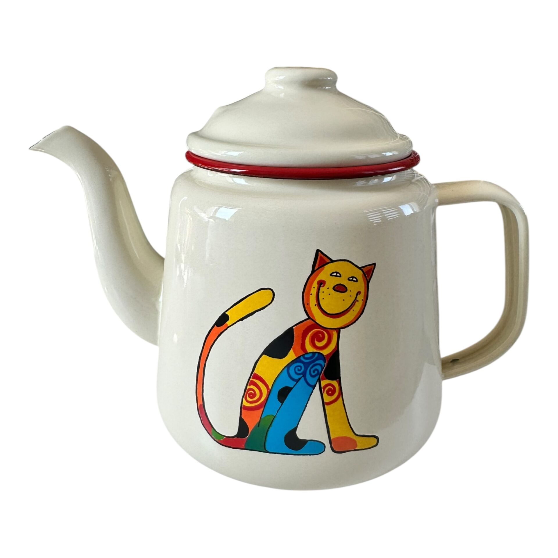 Emaye Konik Çay Demliği-Krem Oturan Kedi