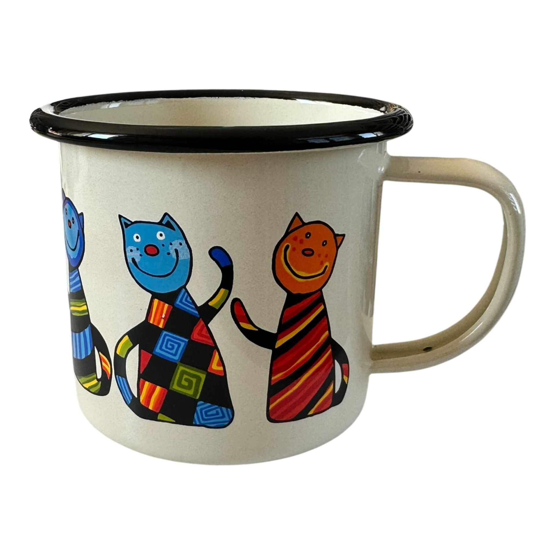 Emaye Büyük Bardak-Krem Kareli Kedi