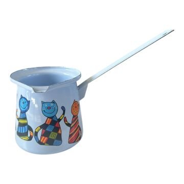 Emaye Büyük Cezve-Açık Mavi Kareli Kedi