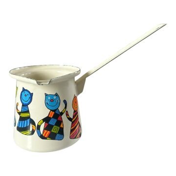 Emaye Büyük Cezve-Krem Kareli Kedi