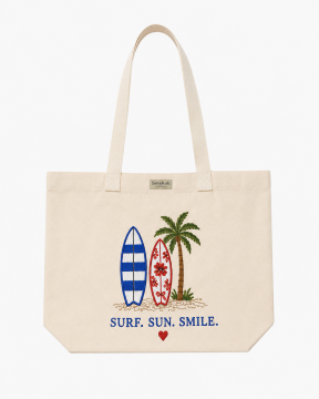 Kanvas Plaj Çantası – Surf Tahtası Nakışlı Kanvas Tote Bag
