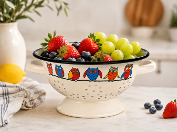Krem Baykuş Desenli Emaye Süzgeç – 20 cm