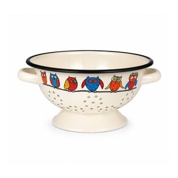Krem Baykuş Desenli Emaye Süzgeç – 20 cm