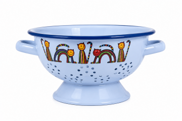 Mavi Kıvrık Kedi Desenli Emaye Süzgeç – 20 cm