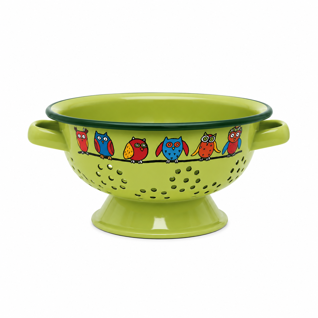 Yeşil Baykuş Desenli Emaye Süzgeç – 20 cm