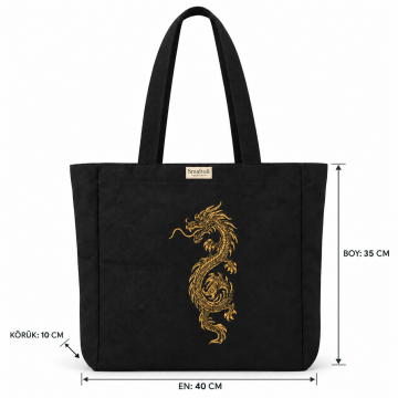 Nakışlı Kanvas Tote Çanta – Siyah Dragon