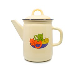 Emaye Büyük Demlik-Krem Üçüz Kediler