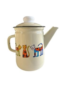 Emaye Büyük Demlik-Krem  Benekli Kedi