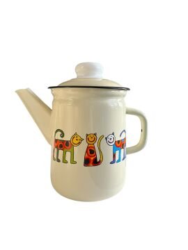 Emaye Büyük Demlik-Krem  Benekli Kedi