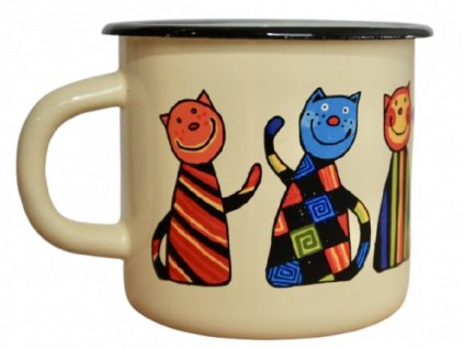 Emaye Bardak/9 cm-Krem Kareli Kedi