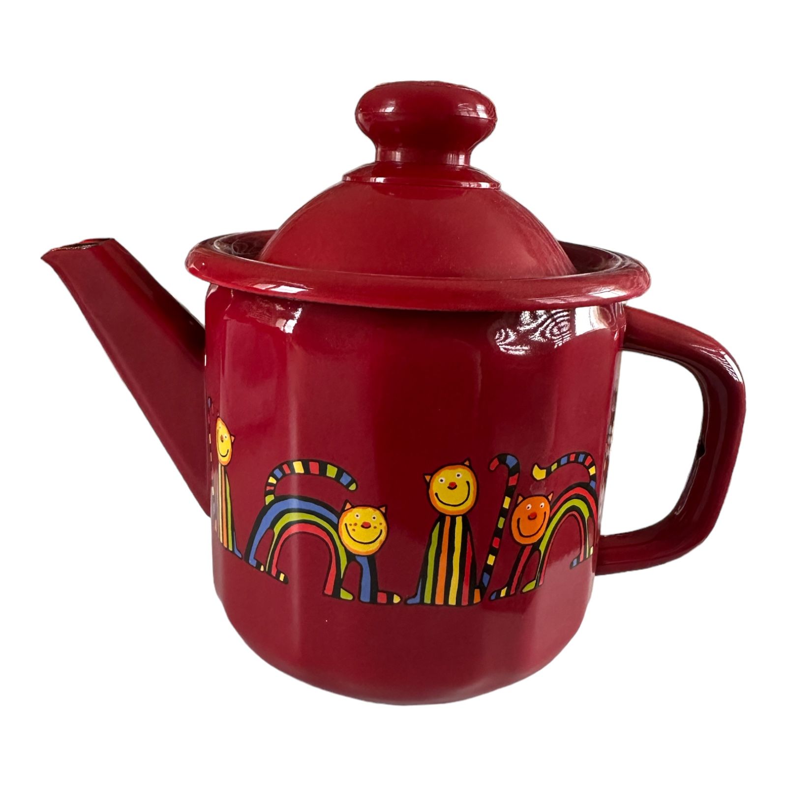 Emaye Küçük Demlik-Kırmızı Kıvrık Kedi