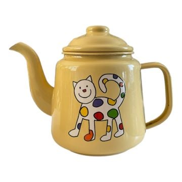 Emaye Konik Çay Demliği-Sarı Minik Benekli Kedi