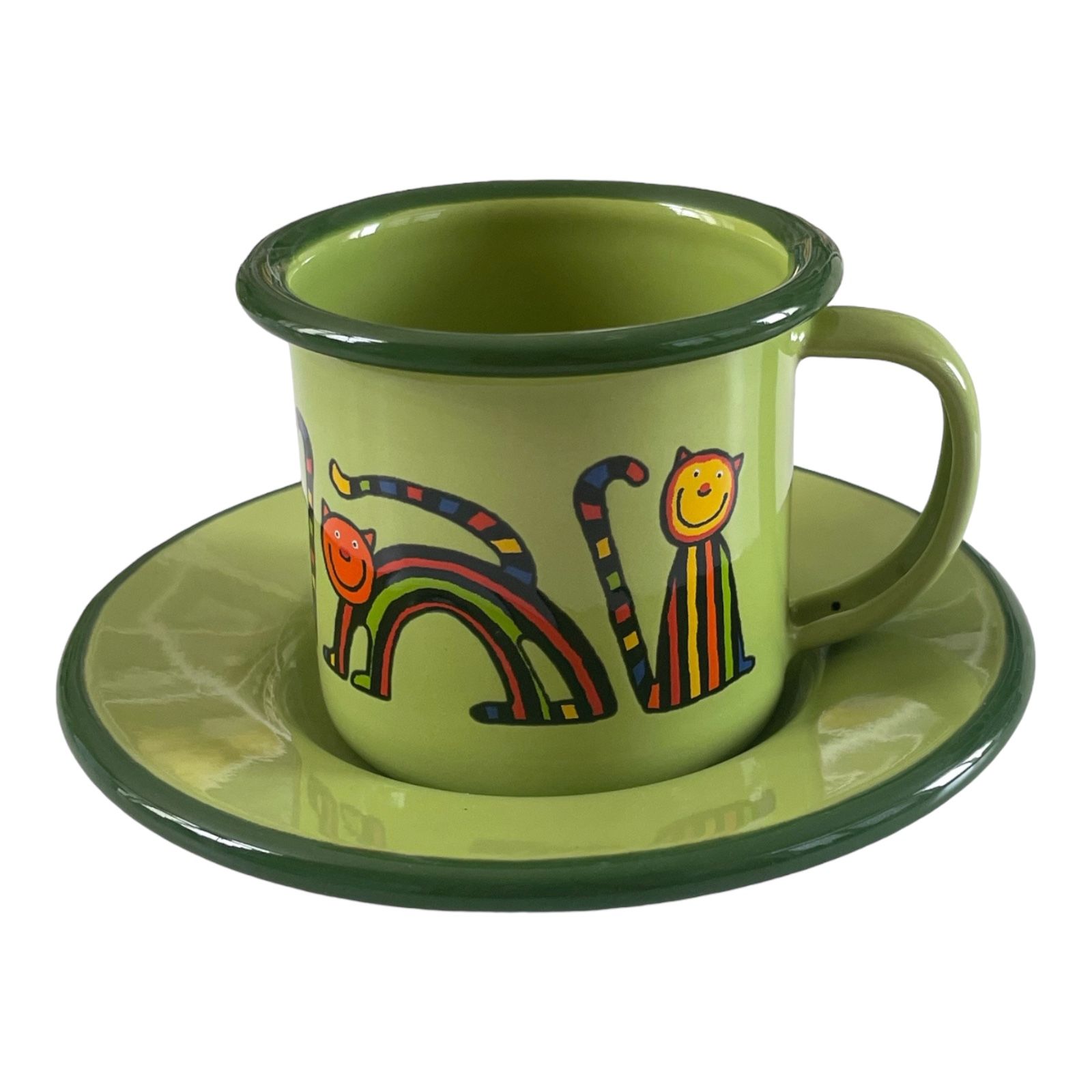 Emaye Fincan-Yeşil Kıvrık Kedi