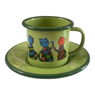 Emaye fincan-Yeşil Kareli Kedi