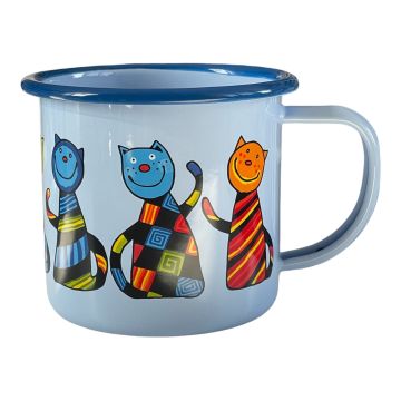 Emaye Büyük Kupa-Parlak Mavi Kareli Kedi