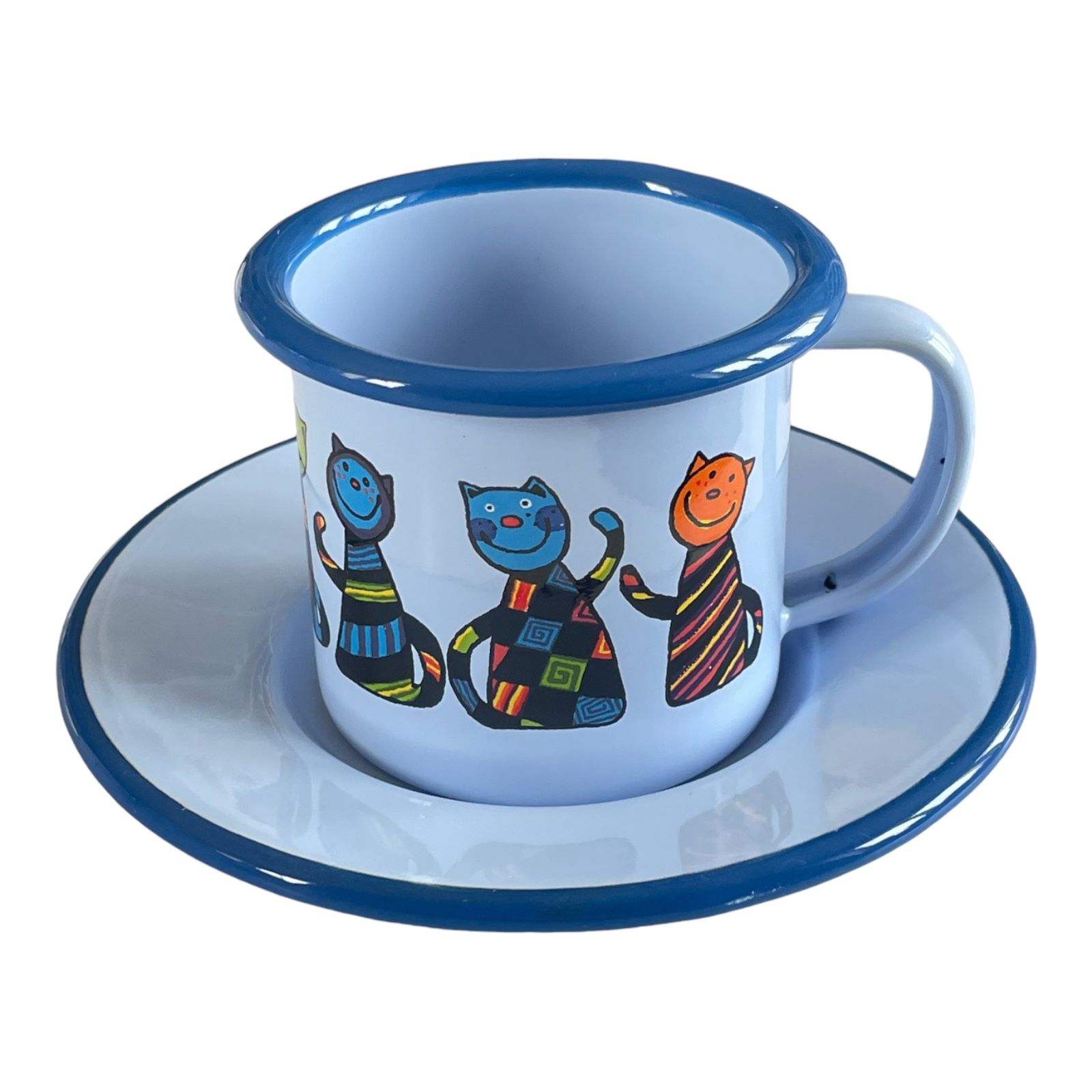 Emaye Fincan-Mavi Kareli Kedi