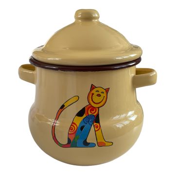 Emaye Kulplu Kavanoz -Sarı Oturan Benekli Kedi